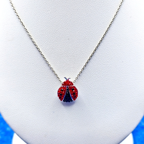 925 Sterling Silver Red Black Crystal CZ Ladybug Pendant 2mm 925 Rolo Chain - Picture 3 of 6